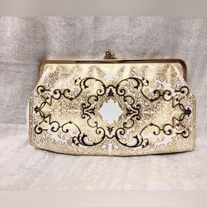 Vintage Leather White Gold Clutch Purse Bag Florentine Embossed Scrollwork Italy